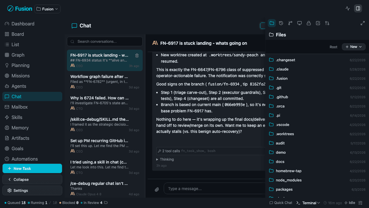 Fusion agent chat: a threaded conversation with an agent diagnosing a failed task