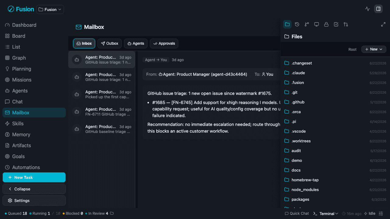 Fusion mailbox: inter-agent messages with triage summaries and approvals